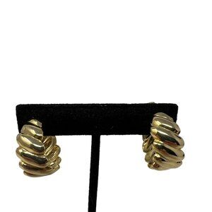 Vintage Earrings Wide Hoops Gold Tone Clip On Wave‎ Shiny Elegant
